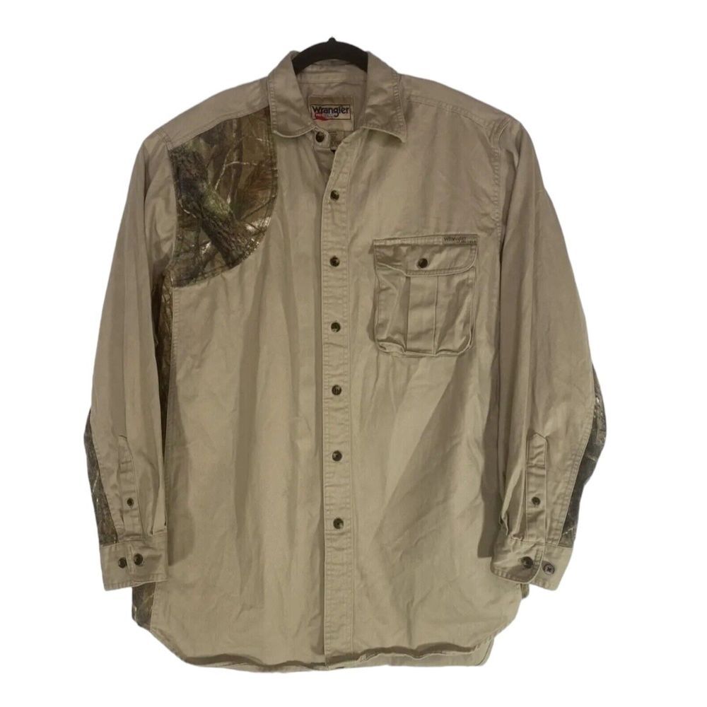 Wrangler Pro‎ Gear Men's Camo Khaki Long Sleeve Button Up Shirt Size Large
